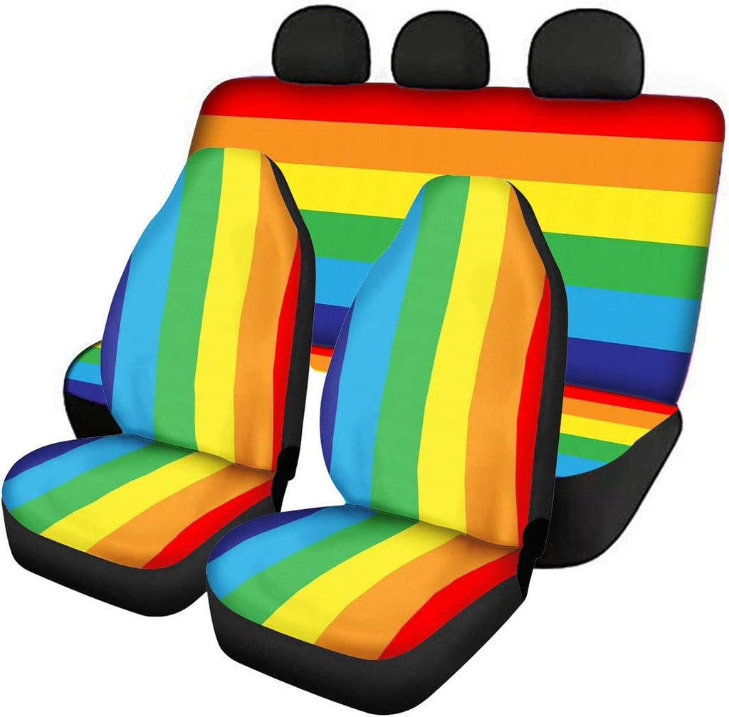 4Pcs Rainbow Color Printing Car Front Seat Covers Back Seat Protector Pads Bucket Seat Cushion M61285