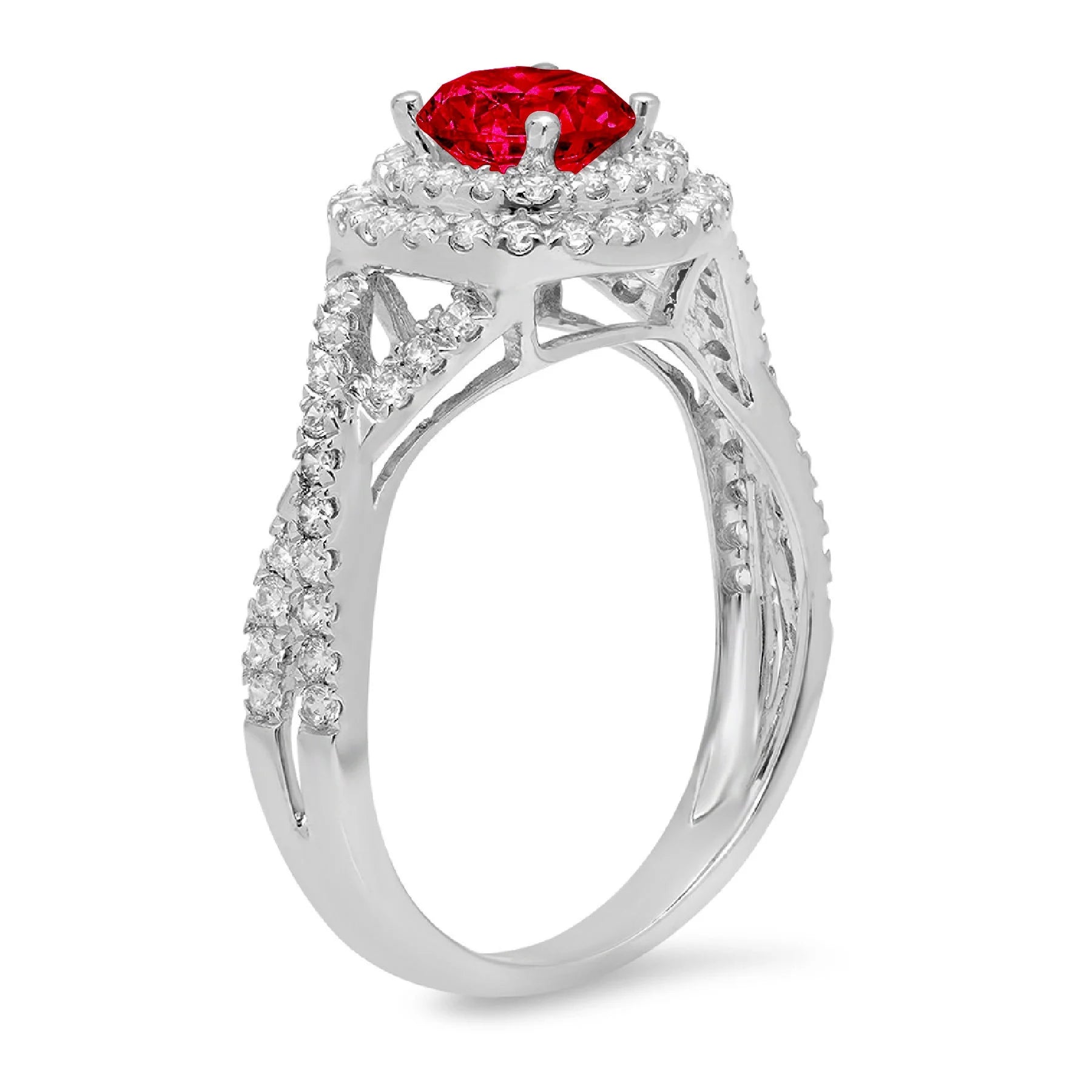 1.3ct Round Cut Red Simulated Ruby 14k White Gold Halo Ring Size 10.5 Q342