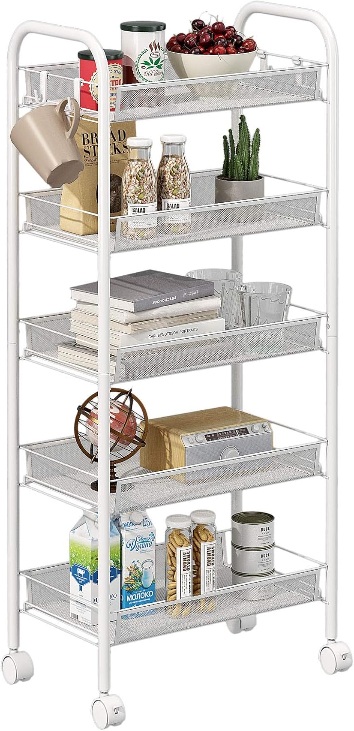 Mesh Rolling Utility Cart, 5-Tier All Metal Storage Cart with Removable Storage Baskets G430404