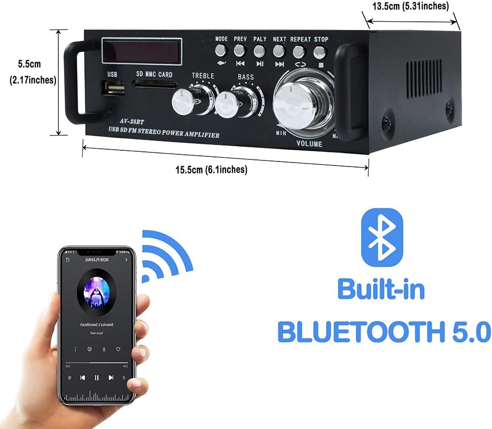 Wireless Bluetooth 5.0 Stereo Amplifier System, 200W Dual Channel Audio Receiver with Remote Control, Pack of 2 J176