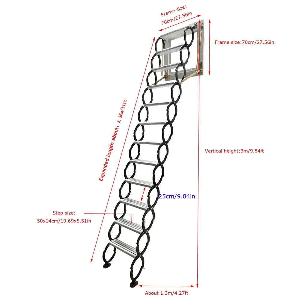 Wall Mounted Attic Loft Ladder Retractable Folding Ceiling Pull Down 9.8ft Height Black Al-Mg Alloy M631150