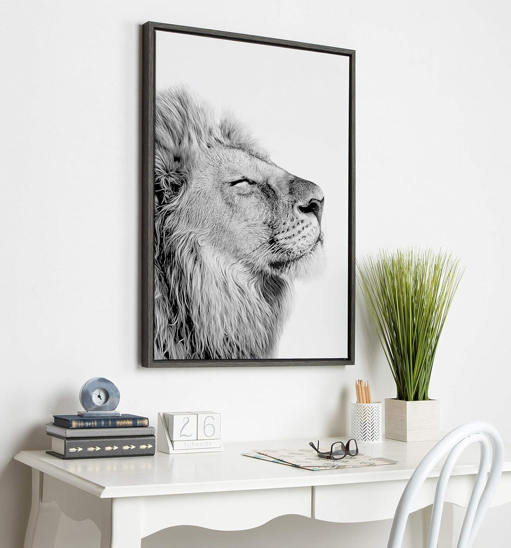 Black and White Lion Print Framed Canvas Wall Art G167