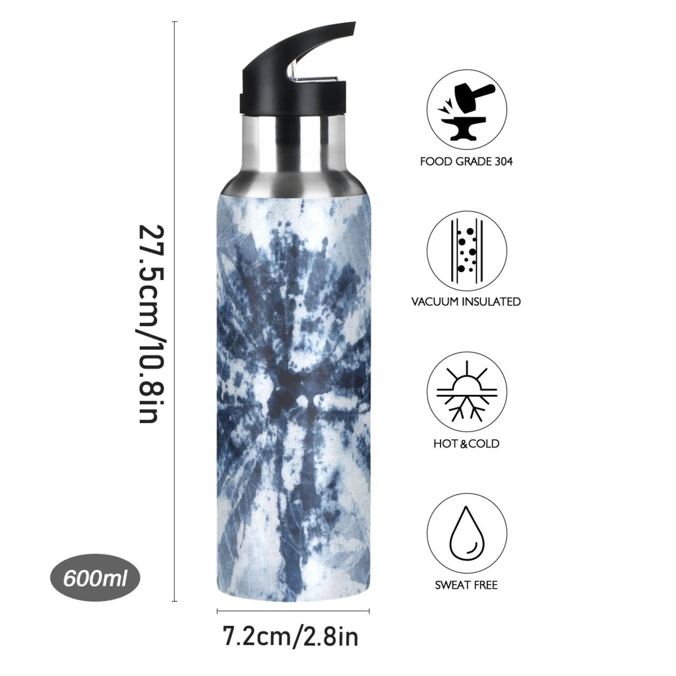Tie-dye Blue Stainless Steel Insulated Water Bottle with Straw Lid H2723