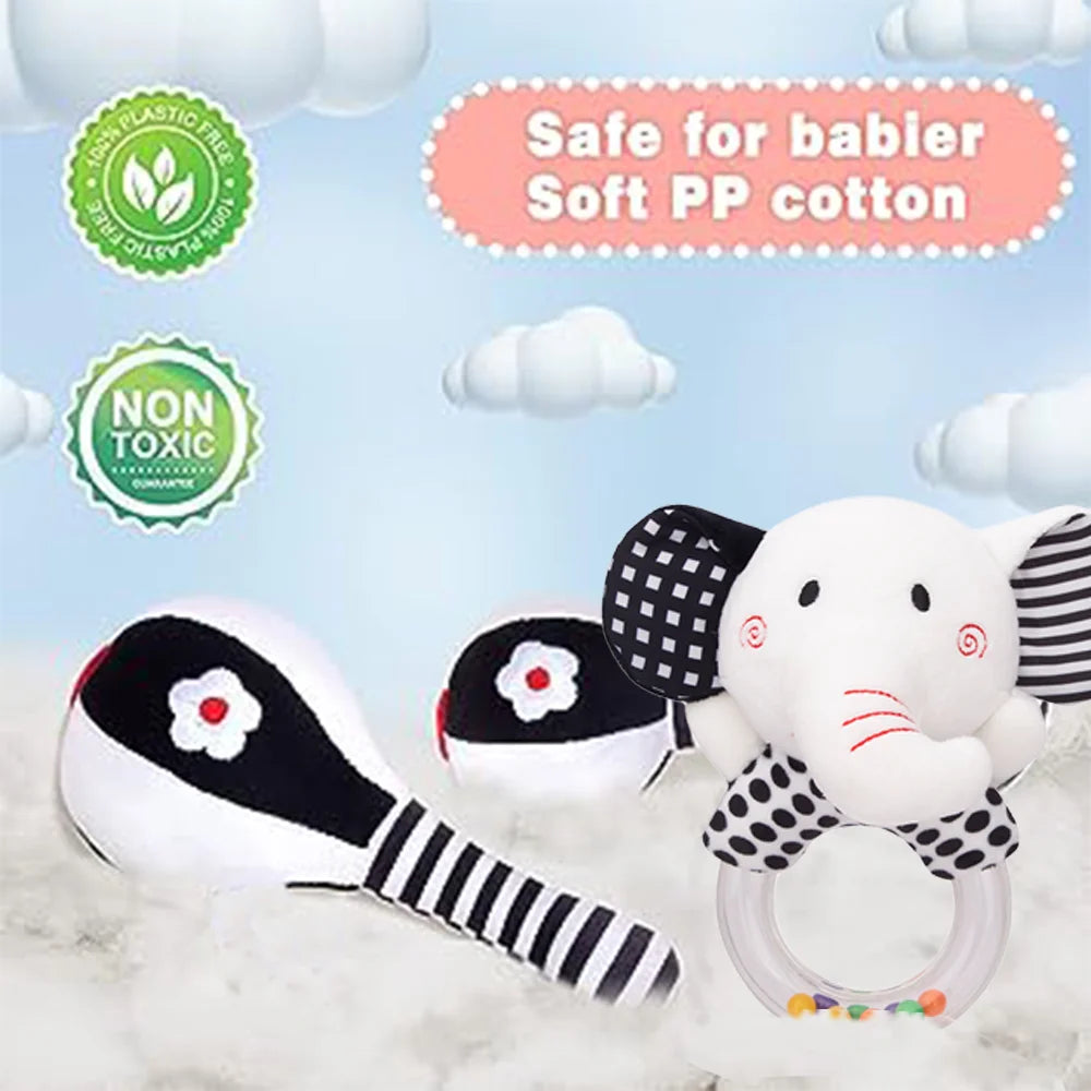 3Pcs Black & White Baby Rattles Set Plush Rattle Toy S4825