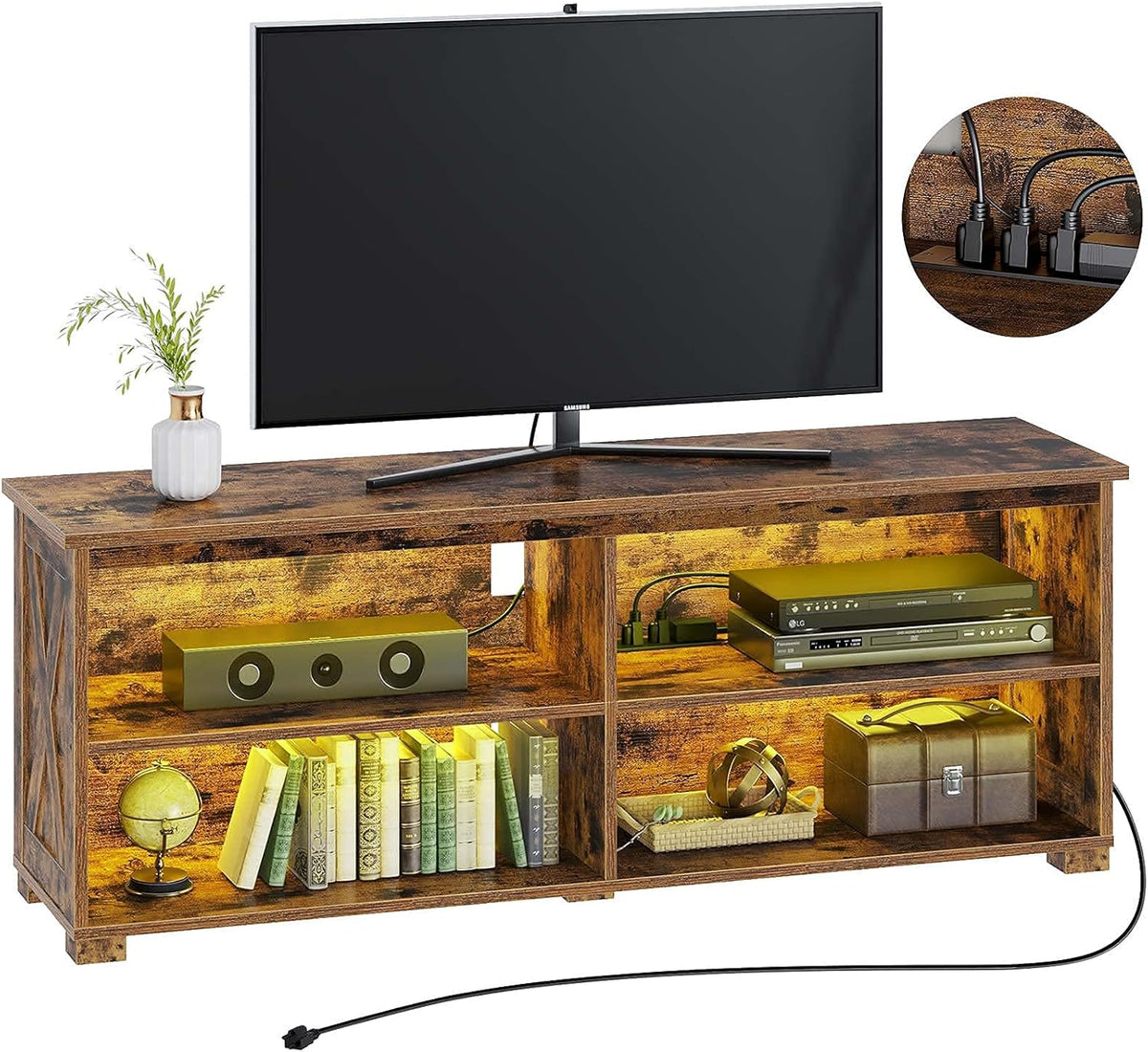 Rustic Brown TV Stand with Power Outlet and LED Lights P830116