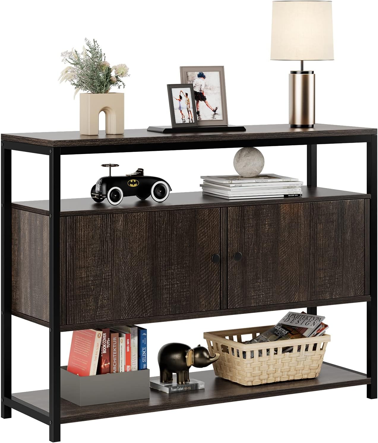 Walnut Brown 3-Tier Console Table with 2 Cabinet Doors S4085