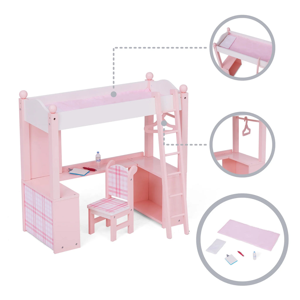 Pink Loft Bed, Desk, Chair, & Accessories for 18" Dolls I4101