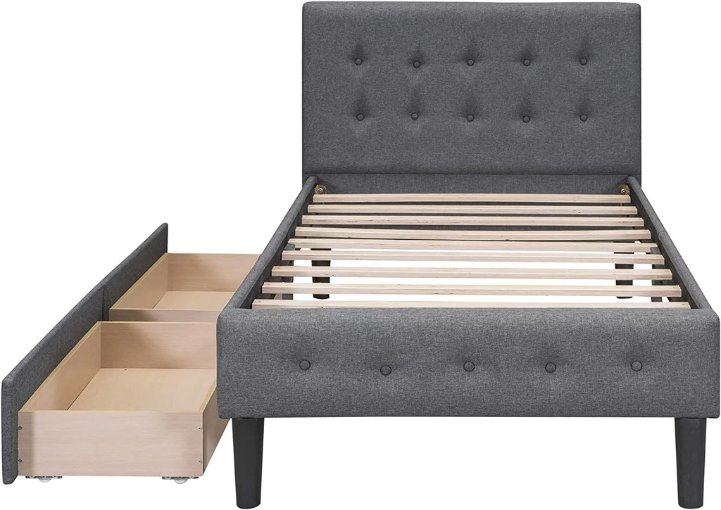 Beige Twin Size Upholstered Bed Frame with Headboard and Storage Underneath U2777
