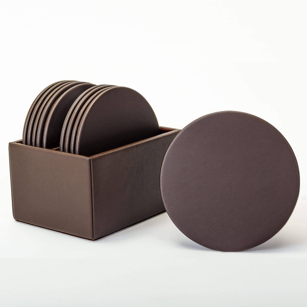 Brown Leatherette 10 Round Coaster Set Q992775