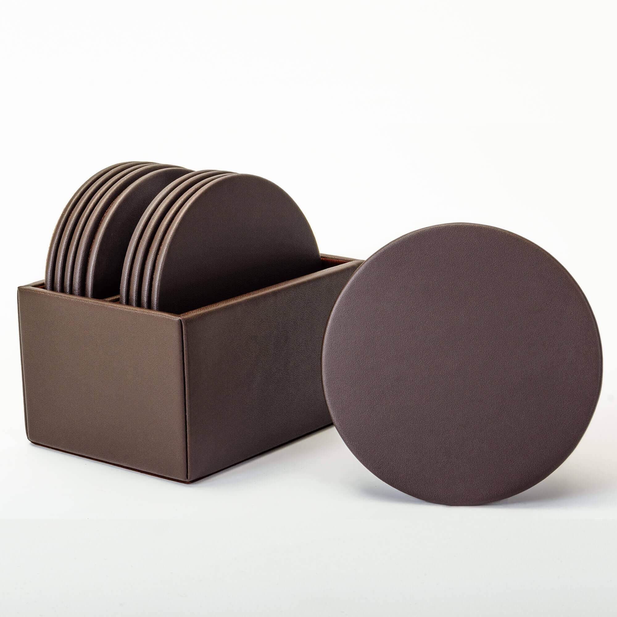 Brown Leatherette 10 Round Coaster Set Q992775
