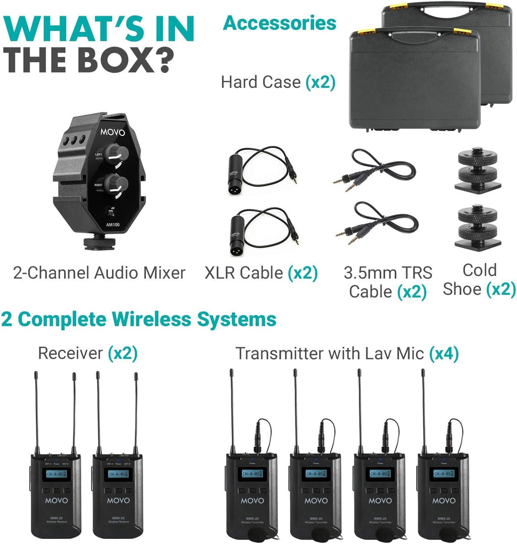 48-Channel UHF Wireless Lavalier Microphone System Bundle with 2-Ch Mixer, 2 Receivers, 4 Transmitters, and 4 Lapel Microphones S2820