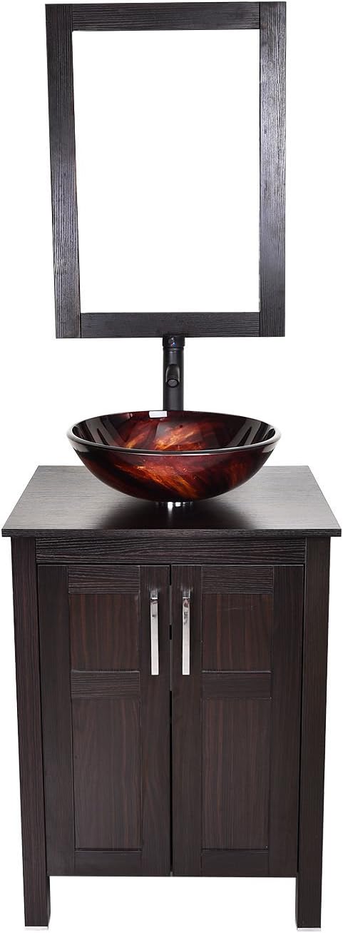 Dark Coffee 24 Inch Single Bathroom Vanity with 2-Door Cabinet and Tempered Glass Round Sink Top M2033