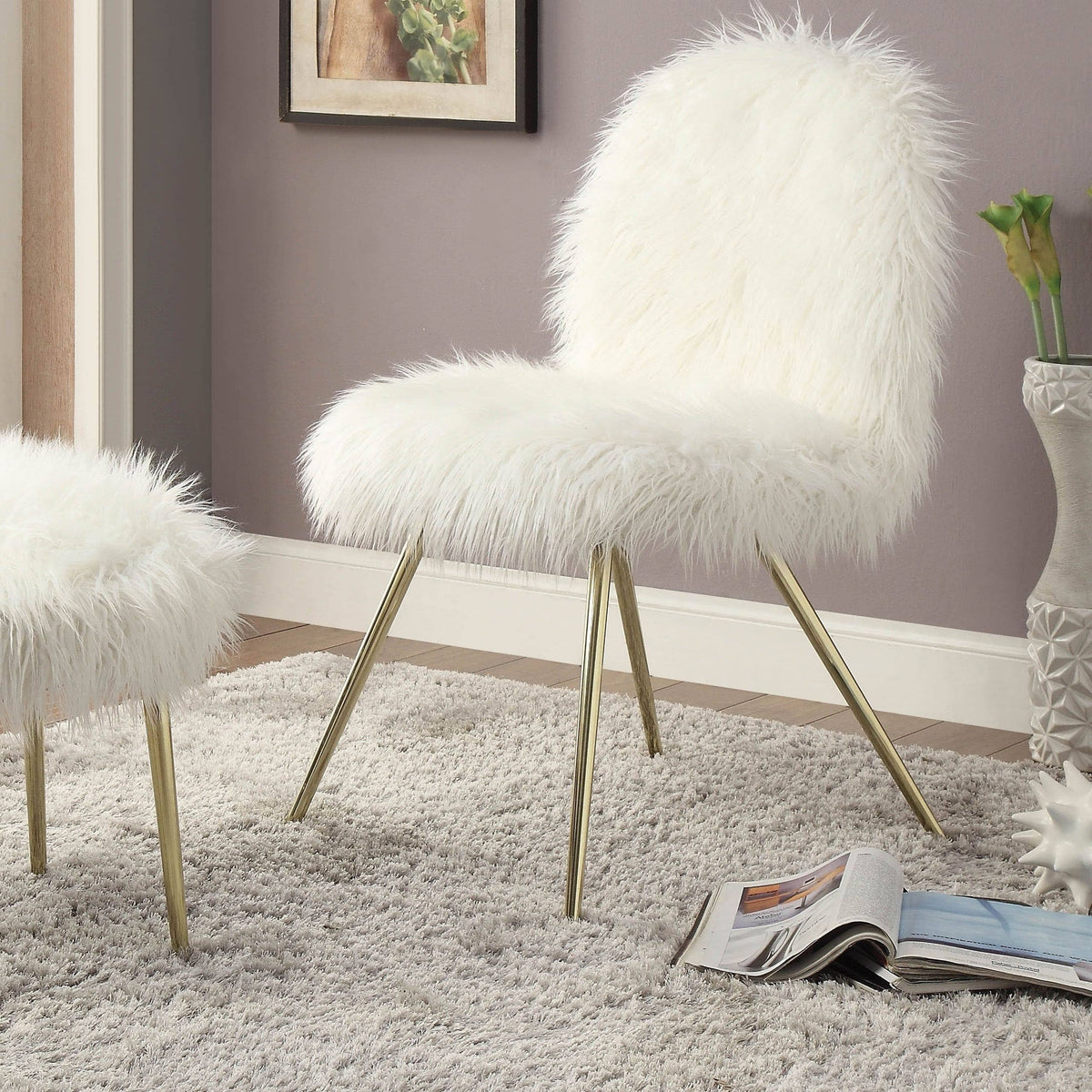 White Faux Fur Padded Accent Chair K6278