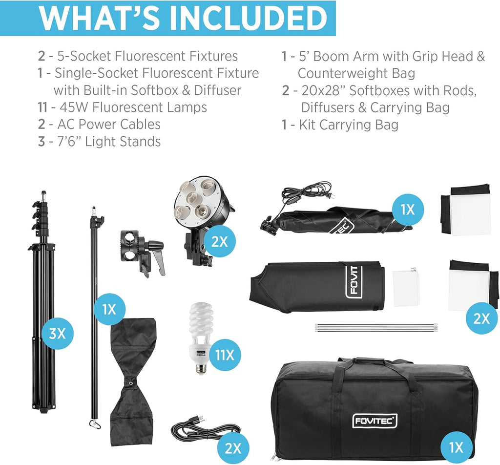 3-Light Fluorescent Studio Lighting Kit with Softboxes, Light Stands, & Carry Case A113551