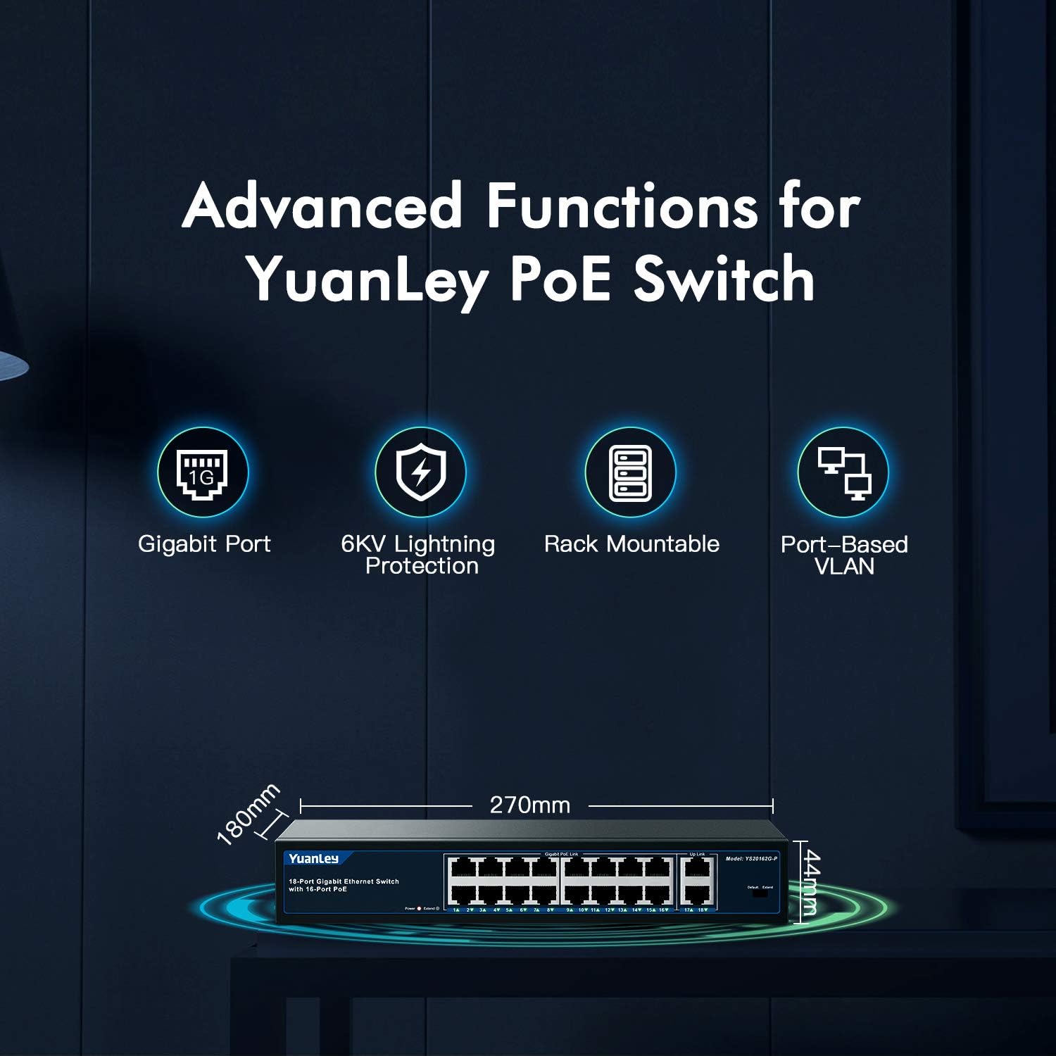 18 Port Gigabit PoE Switch, 250W, Metal Unmanaged Network Switch L863