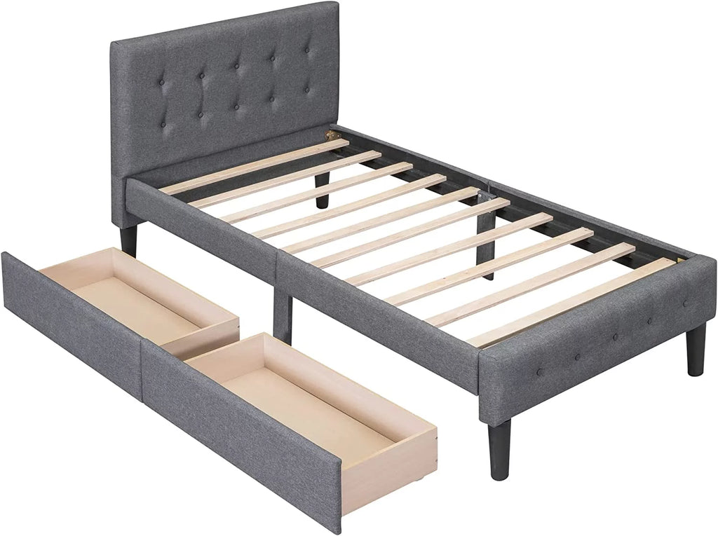 Beige Twin Size Upholstered Bed Frame with Headboard and Storage Underneath U2777