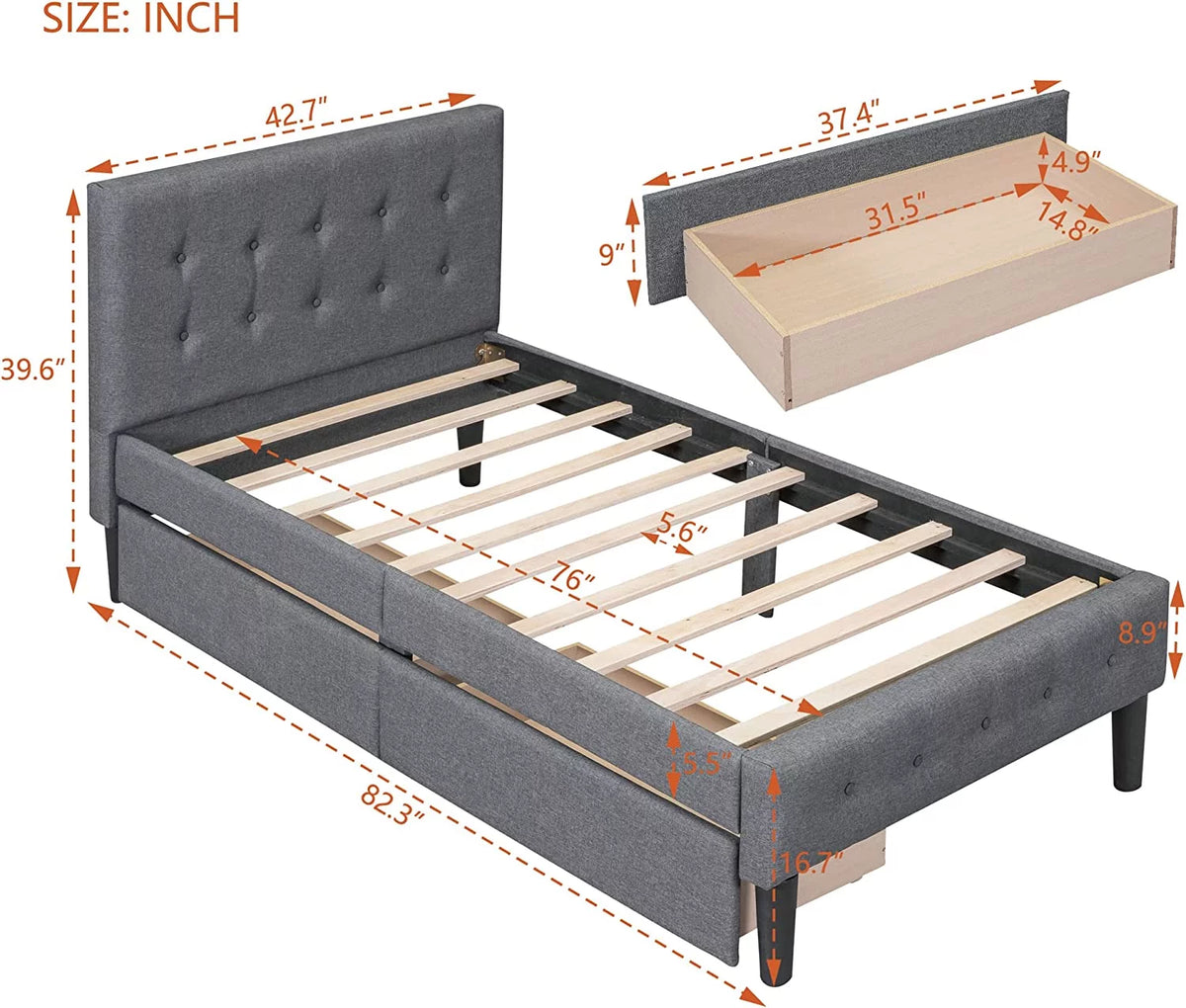 Beige Twin Size Upholstered Bed Frame with Headboard and Storage Underneath U2777