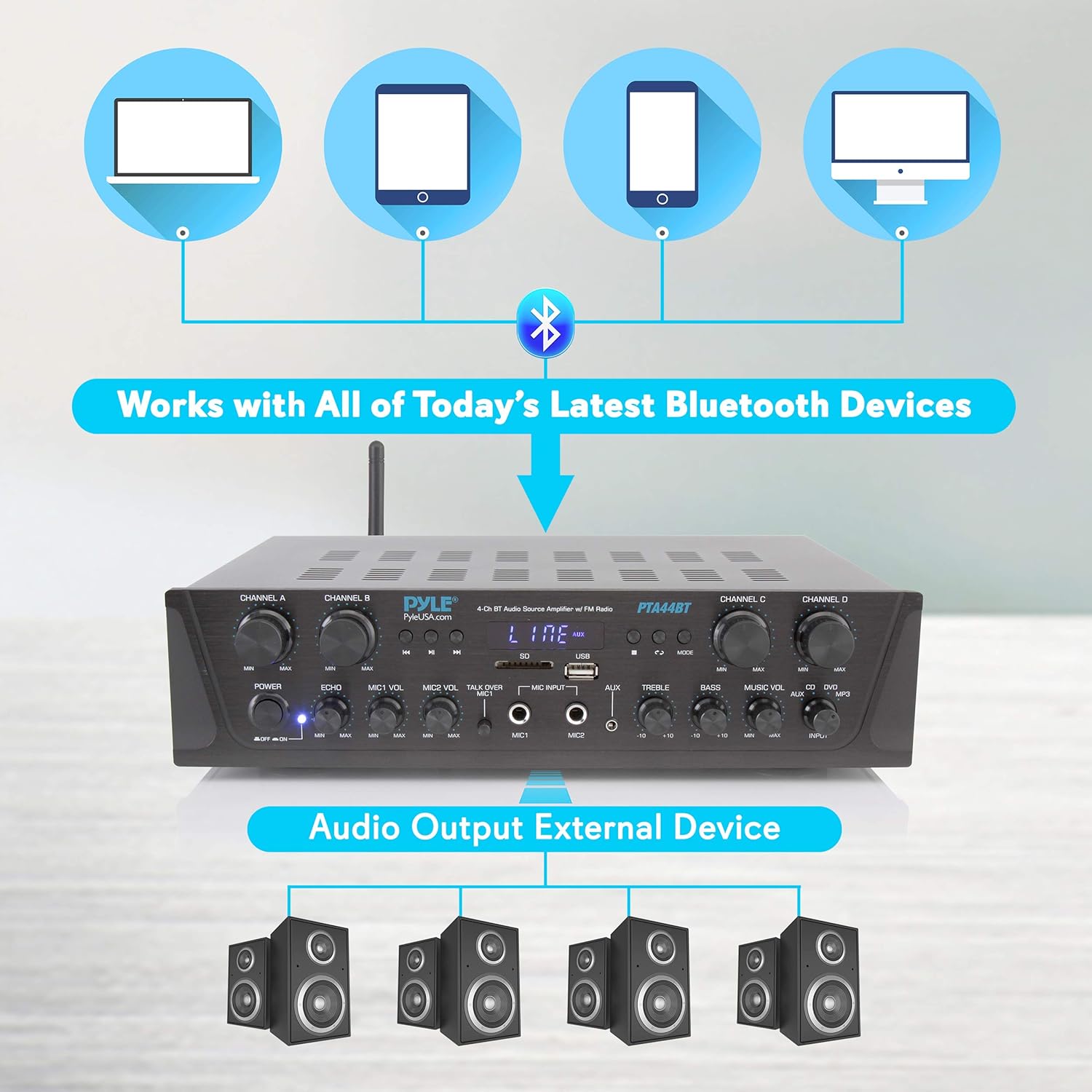 500W 4 Channel Bluetooth Amplifier with AUX IN, FM, USB, Microphone IN L14998