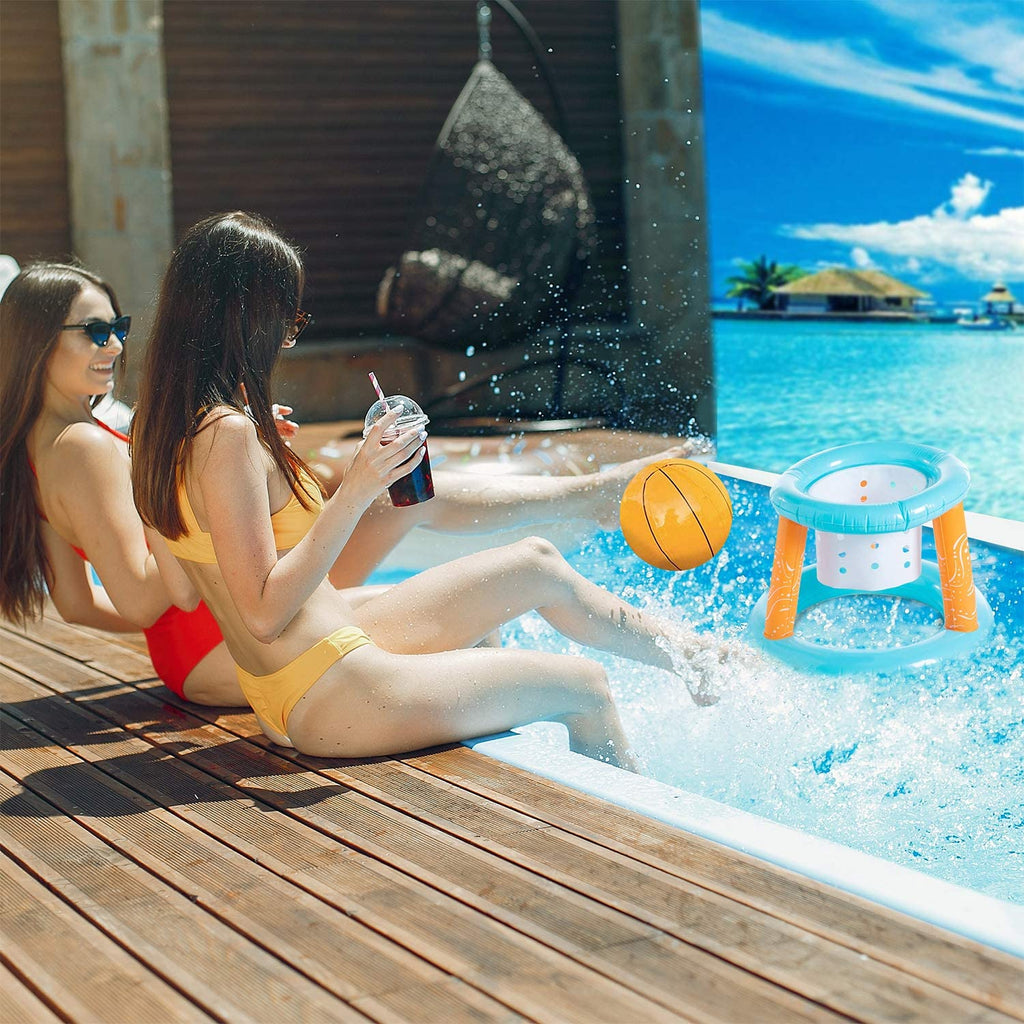 Light Blue Inflatable Pool Volleyball Set and Pool Basketball Hoops Balls N988207