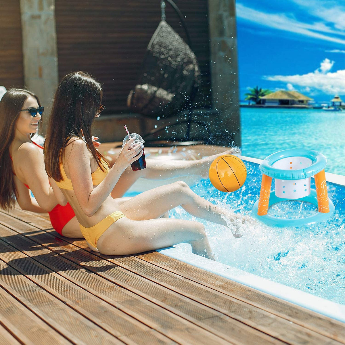 Light Blue Inflatable Pool Volleyball Set and Pool Basketball Hoops Balls N988207