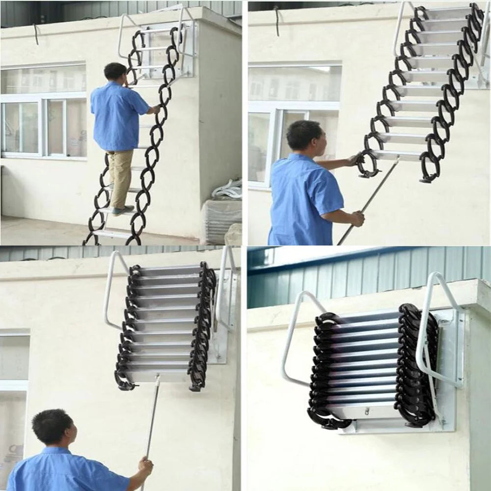 Wall Mounted Attic Loft Ladder Retractable Folding Ceiling Pull Down 9.8ft Height Black Al-Mg Alloy M631150