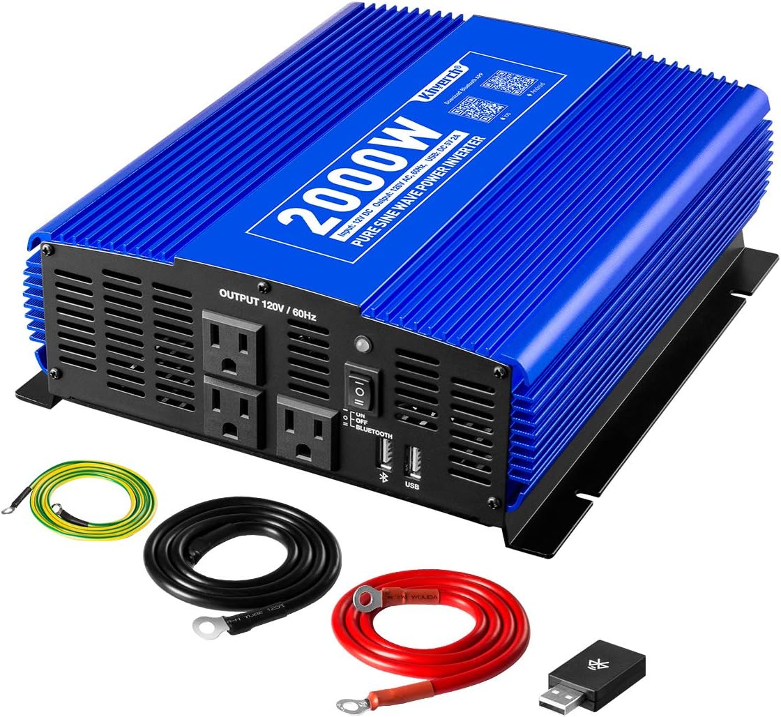2000W Pure Sine Wave Power Inverter 12V DC to 110V AC with 3 AC Outlets & 1 USB Port E22456