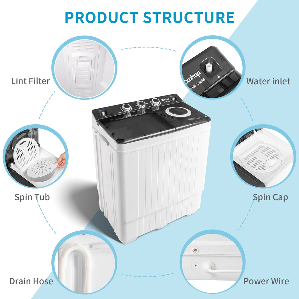 Semi-automatic Twin Tub Washing Machine with Built-in Drain Pump, 26Lbs, White&Black C830208