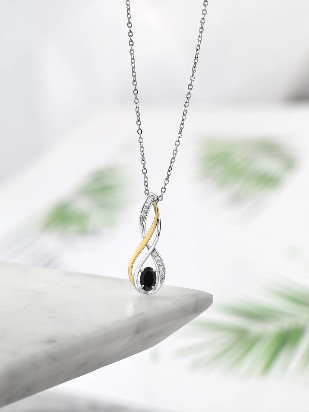 10K Yellow Gold 925 Sterling Silver Black Onyx White Lab Grown Diamond Pendant Necklace Q735