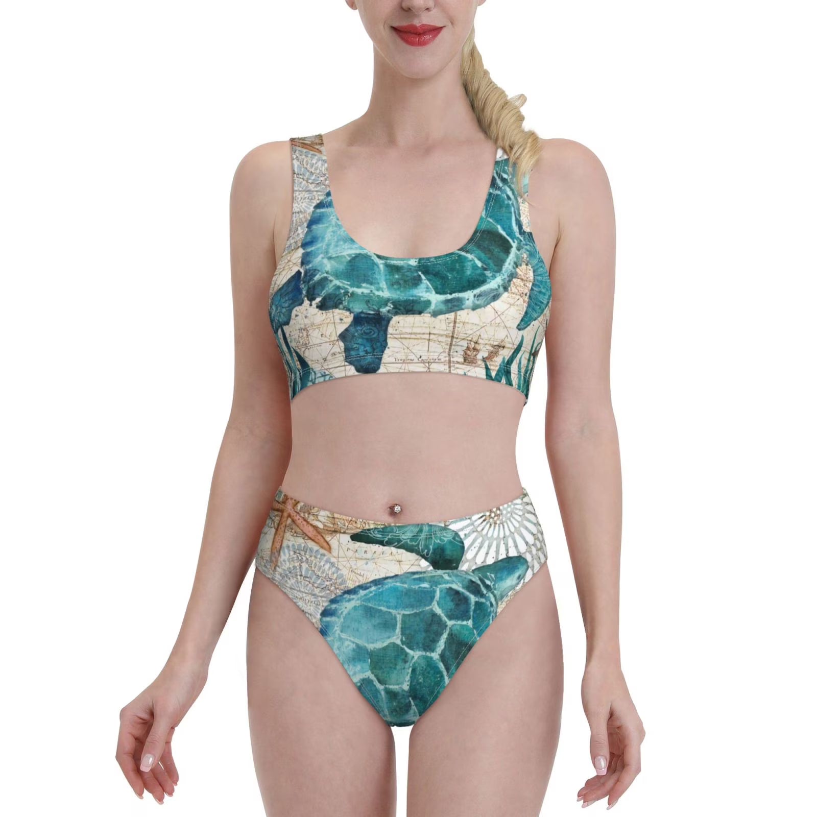 Watercolor Sea Turtle High Waisted Bikini Sets Two Pieces Swimsuits With Removable Soft Chest Pad N499