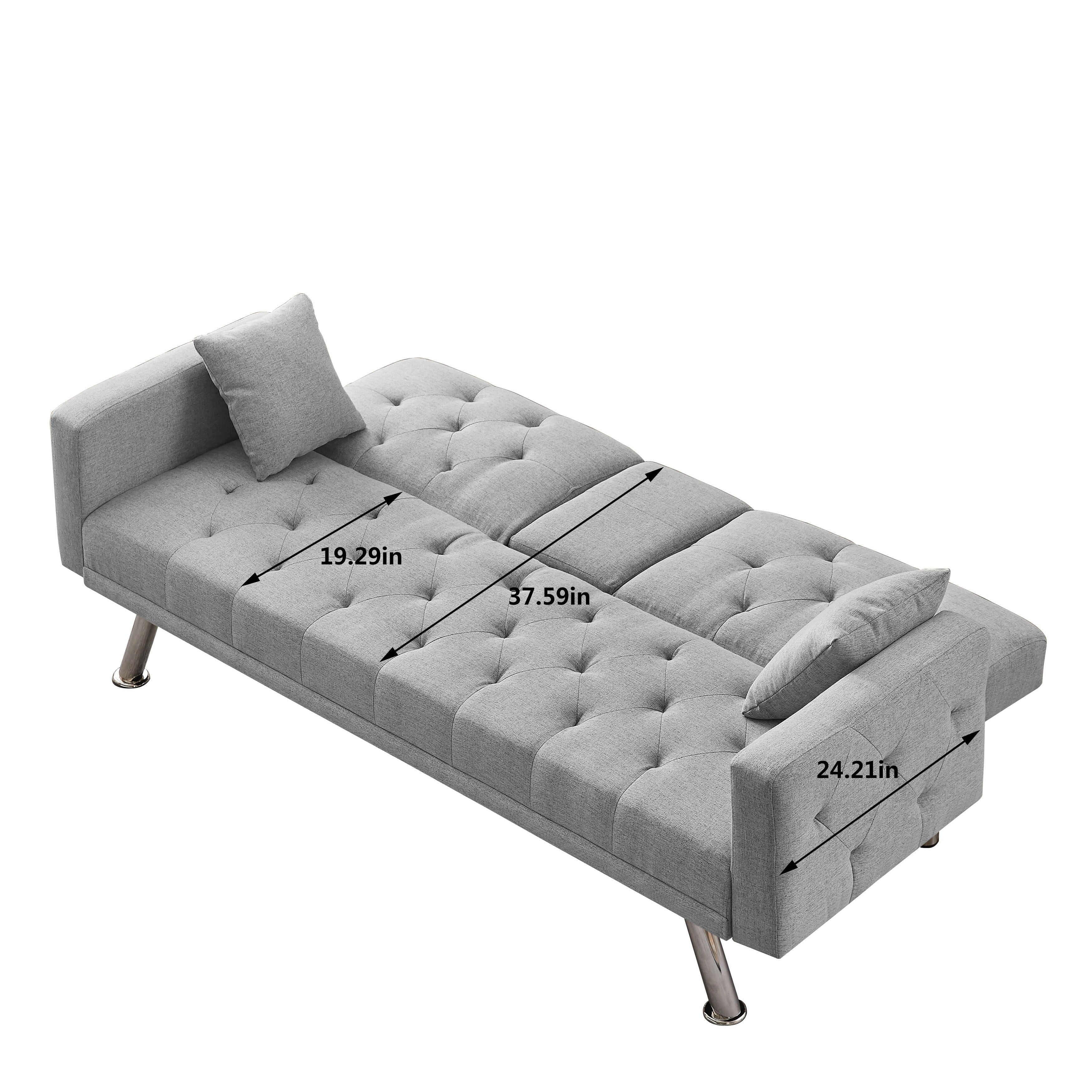 76 Inch Linen Convertible Futon Sofa Bed with Cup Holders Grey N319