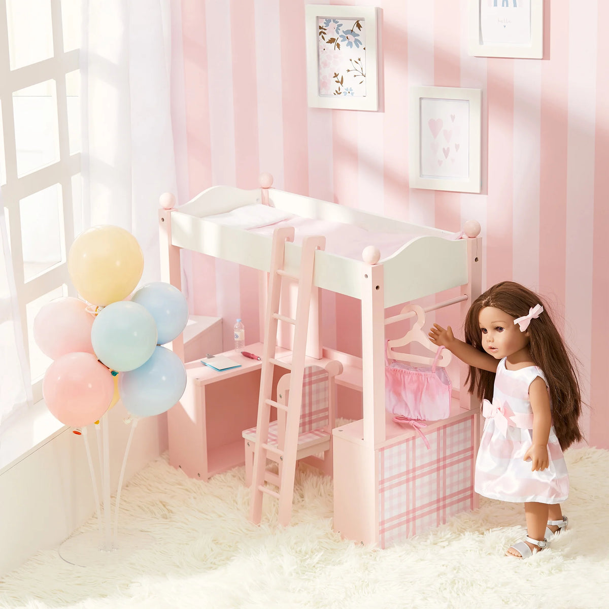 Pink Loft Bed, Desk, Chair, & Accessories for 18" Dolls I4101