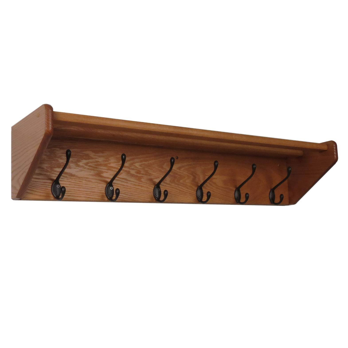 Medium Oak Wooden Shelf with 6 Black Hooks L673