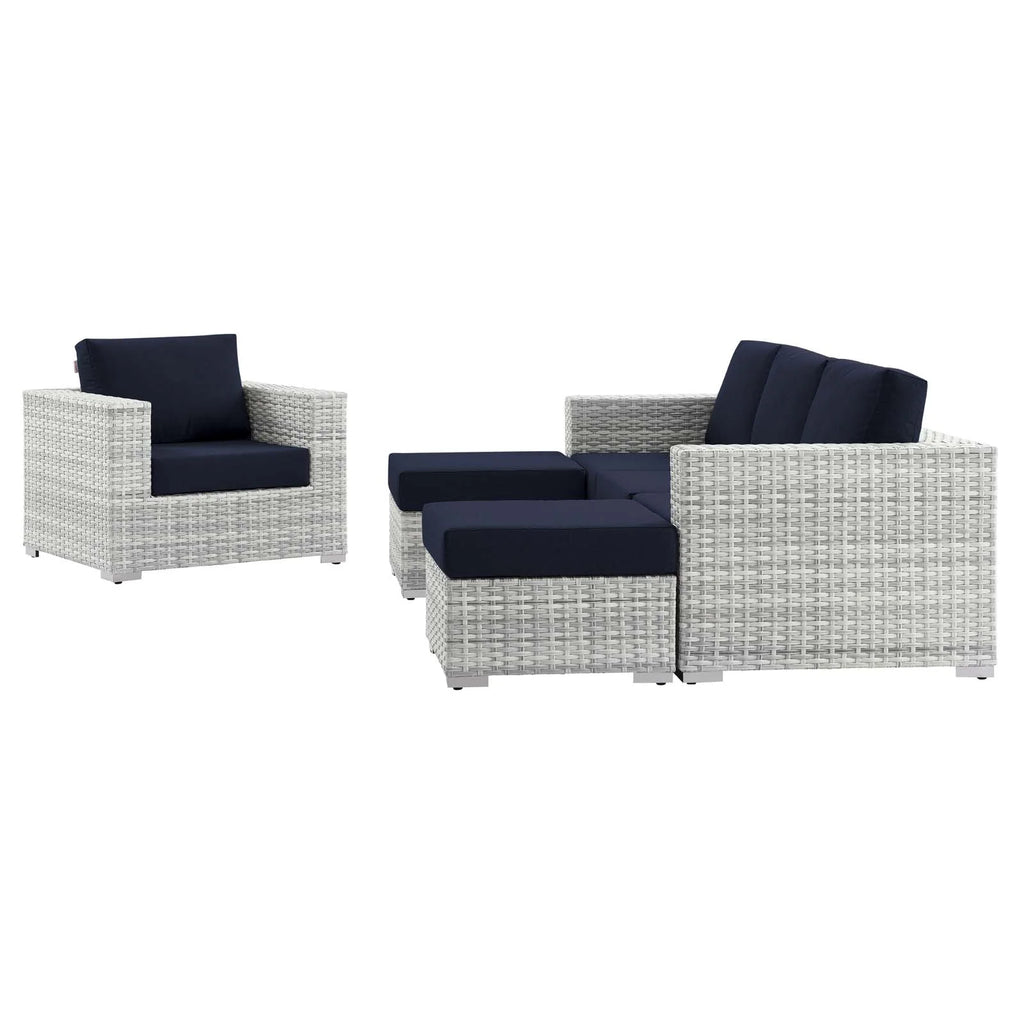 Lounge Sectional Sofa Chair Set, Rattan, Wicker, Light Grey Gray Blue Navy, Outdoor Patio Balcony Cafe Bistro Garden Furniture Hotel Hospitality N6628