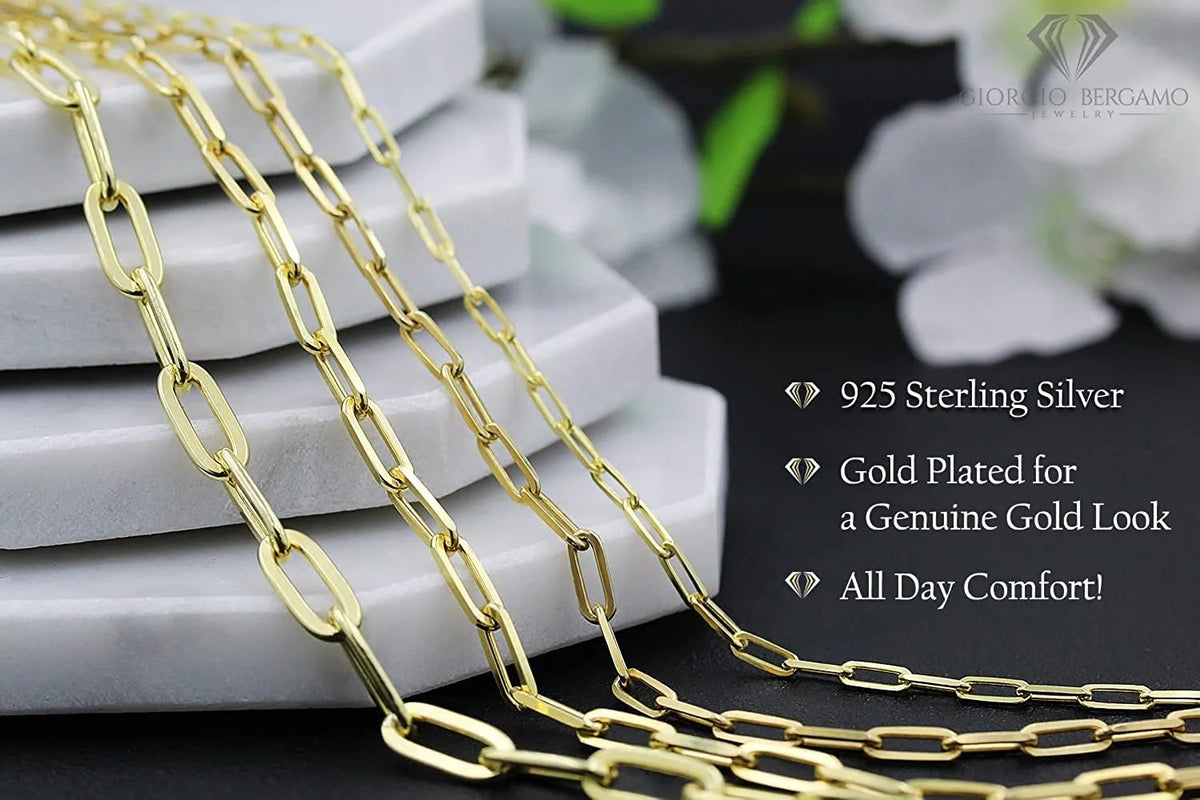 925 Sterling Silver Yellow Gold Plated Cable Link Necklace, Bracelet, & Anklet Chain D1684