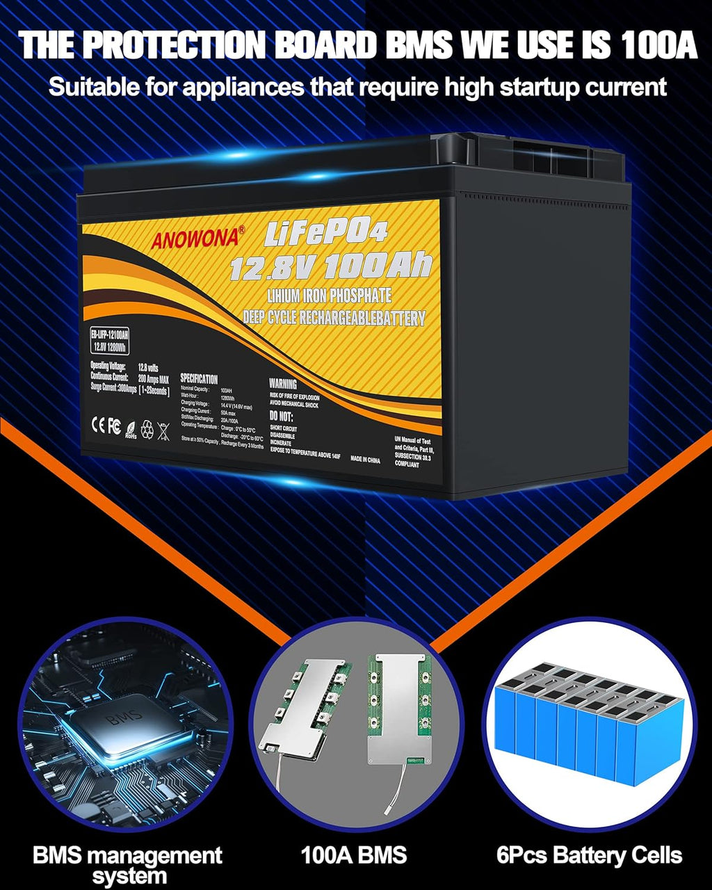 12.8V 100Ah LiFePO4 Deep Cycle Battery with 100A BMS I921