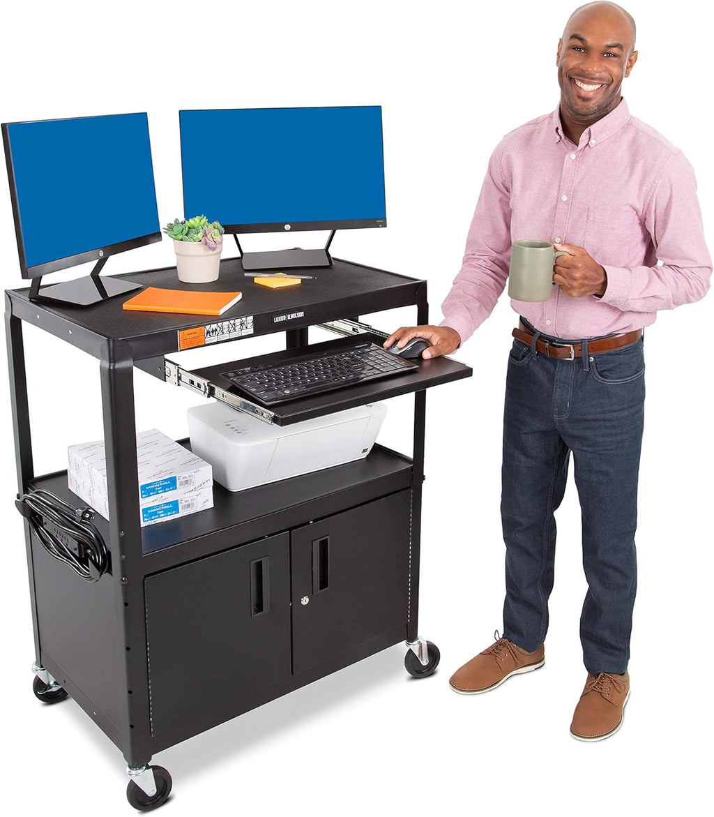 Extra Wide AV Cart with Locking Cabinet and Pullout Keyboard Tray F916