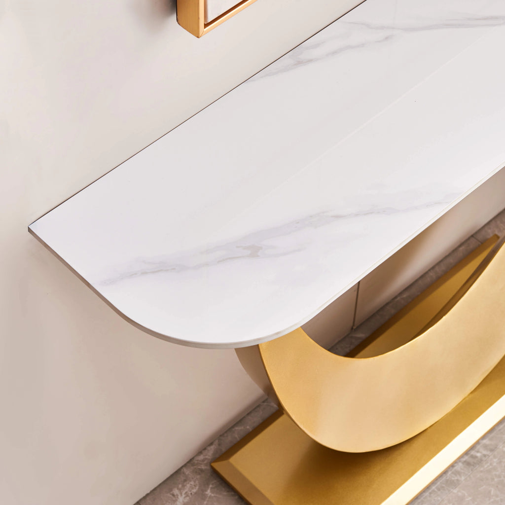 White & Gold Console Table with Marbling Top and Metal Base O5522