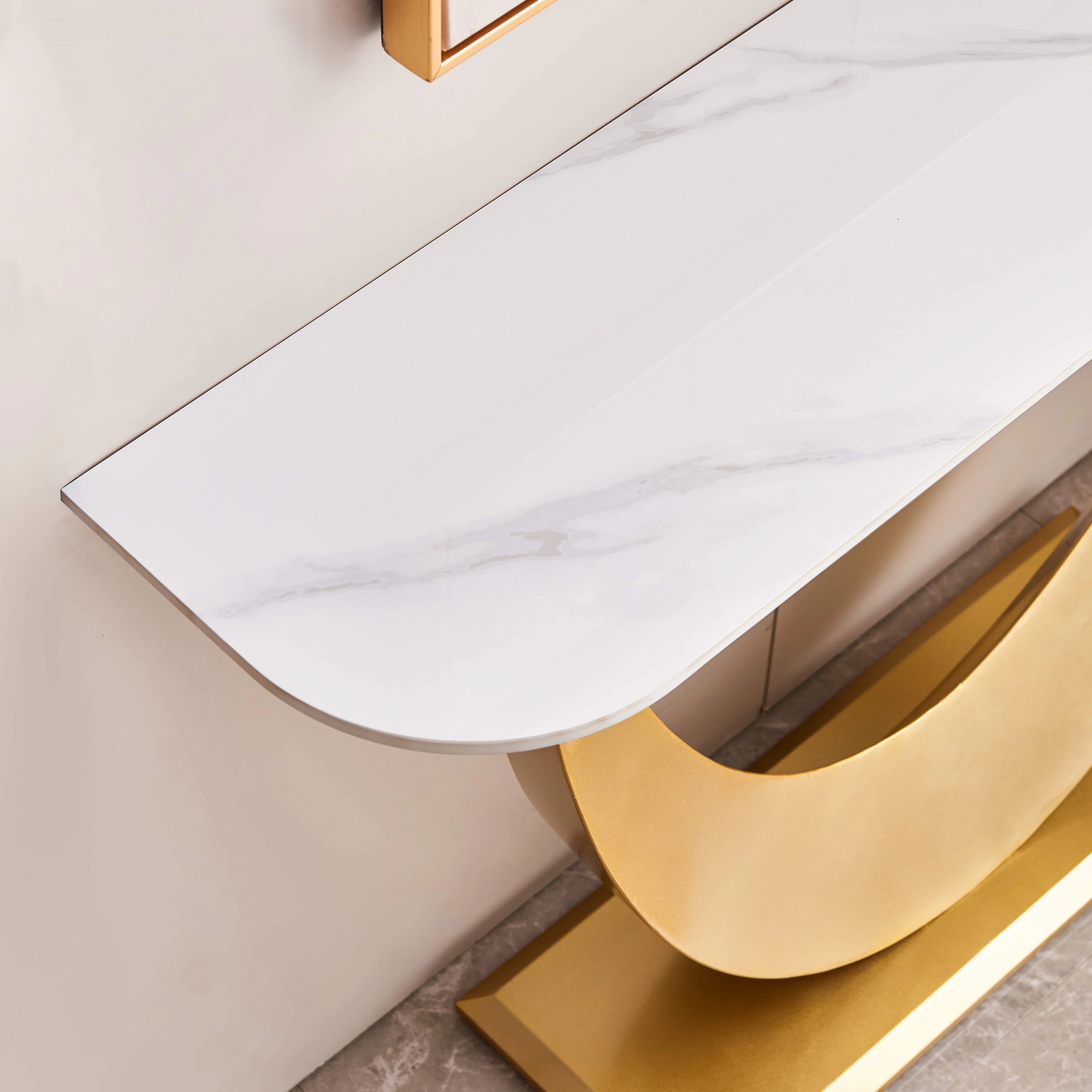 White & Gold Console Table with Marbling Top and Metal Base O5522