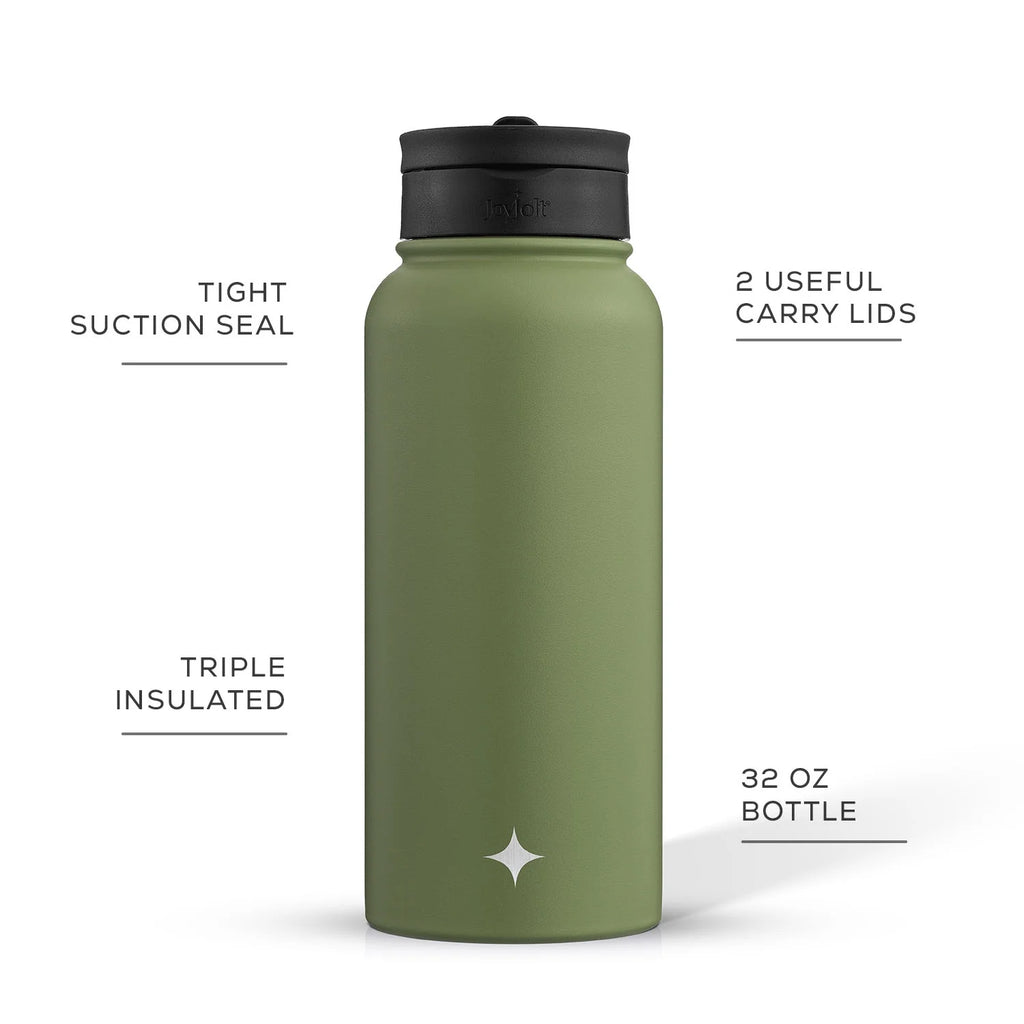 Green 32 oz Vacuum Insulated Water Bottle with Flip Lid & Sport Straw Lid W543030