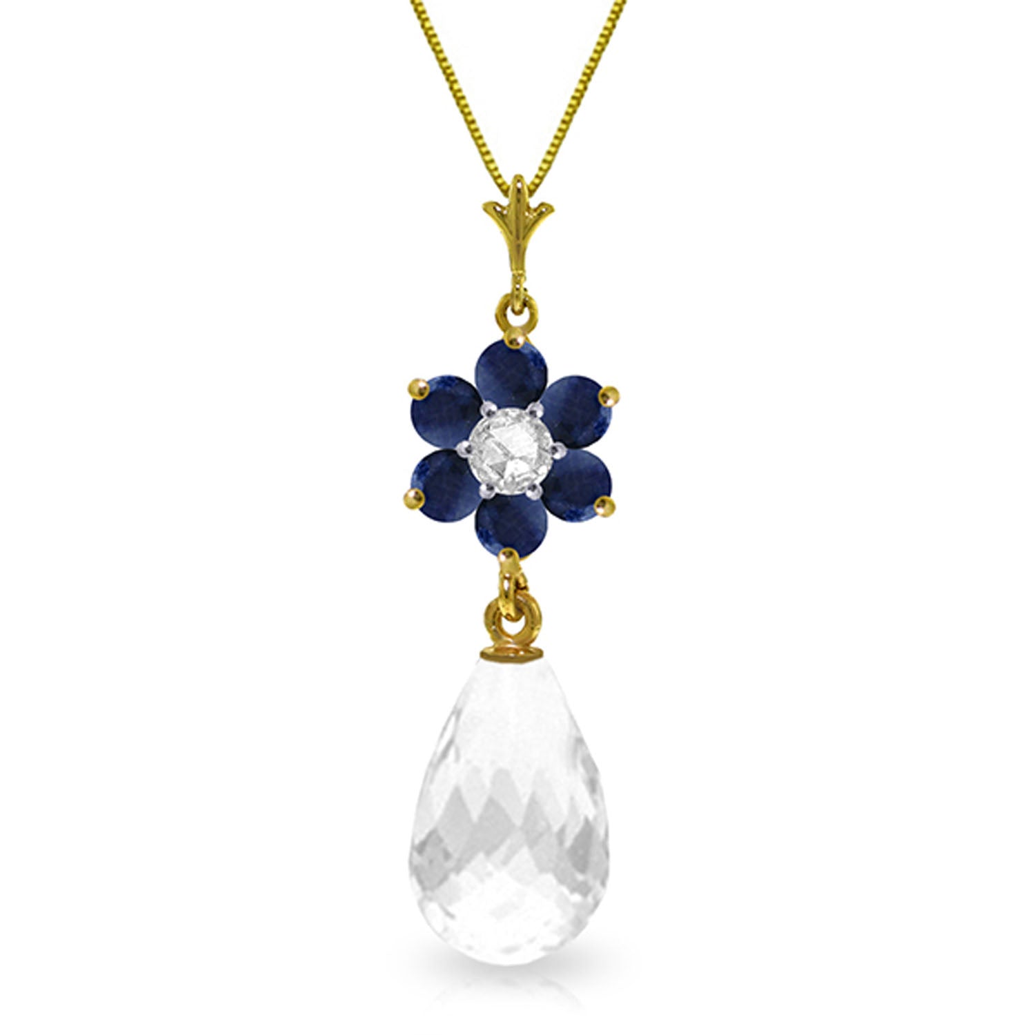 14k Solid Gold White Topaz 18" Necklace with Sapphire Flower G432