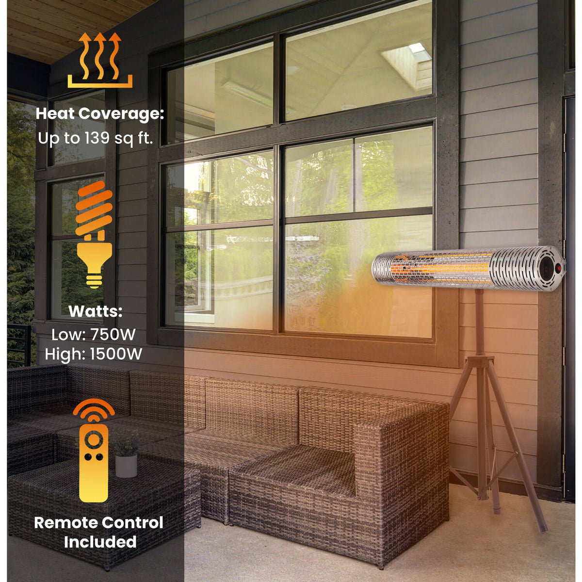 Silver/Black Electric Carbon Infrared Heat Lamp with Remote Control and Tripod Stand X17501