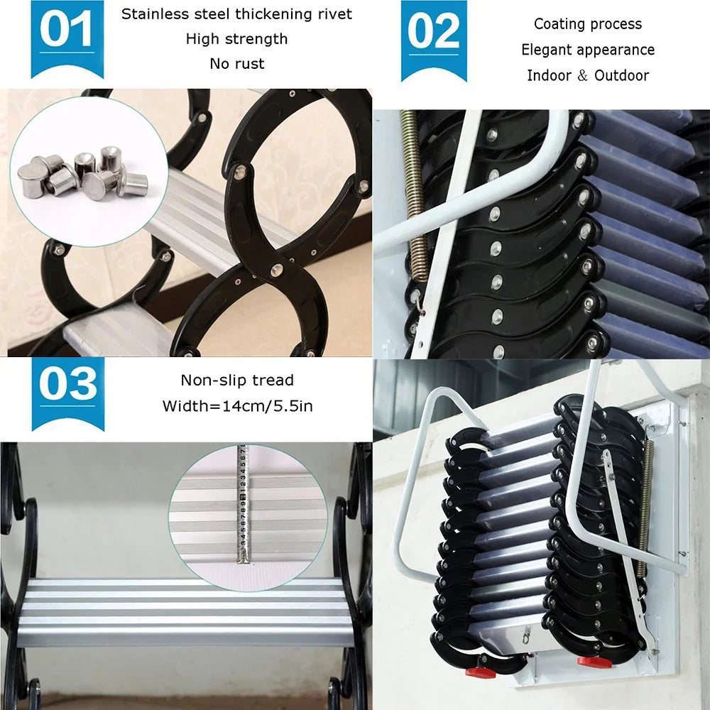Wall Mounted Attic Loft Ladder Retractable Folding Ceiling Pull Down 9.8ft Height Black Al-Mg Alloy M631150
