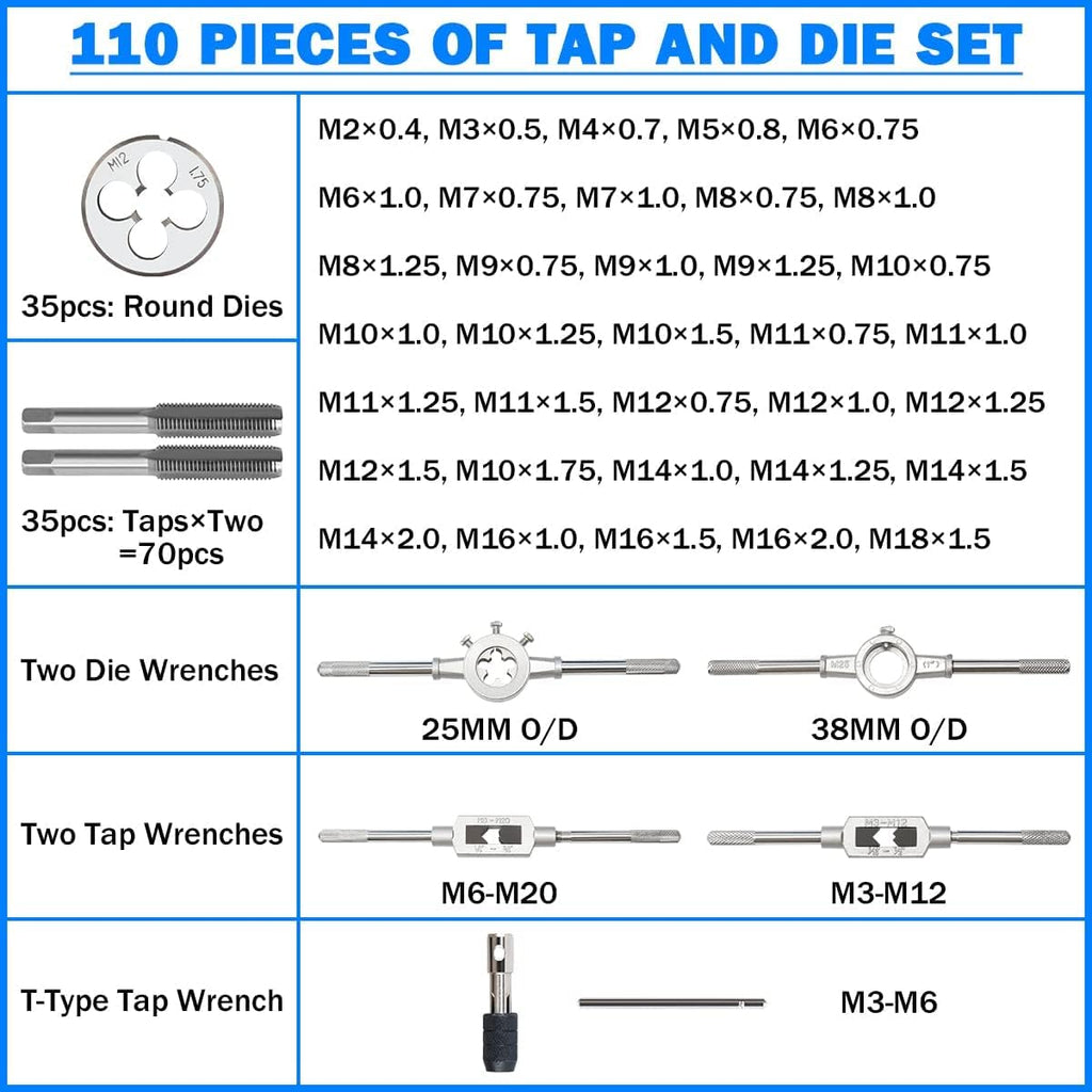 110 Piece Hardened Alloy Steel Metric Tap And Die Threading Tool Set with Storage Case U481523