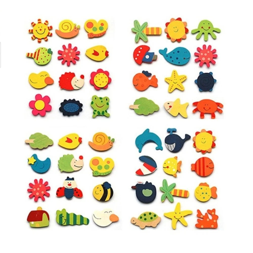 12Pcs/Set Wooden Cartoon Fridge Magnet Educational Toys S3197