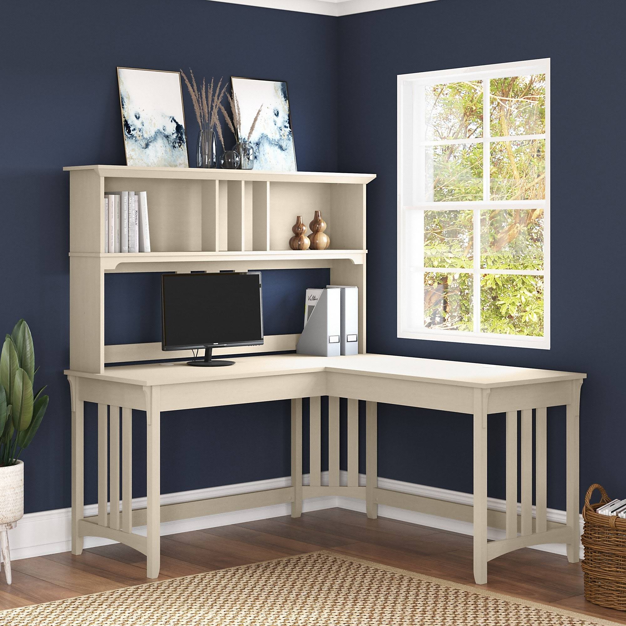 Antique White L-Shaped Writing Desk with Hutch J11624
