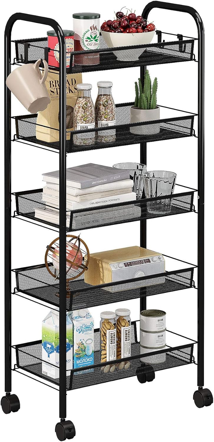 Mesh Rolling Utility Cart, 5-Tier All Metal Storage Cart with Removable Storage Baskets G430404