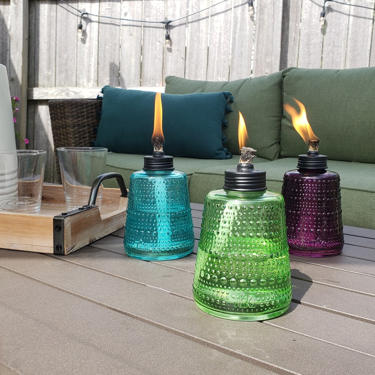 3-Pack 6" Table Torch Glass Blue Green and Purple Y7205
