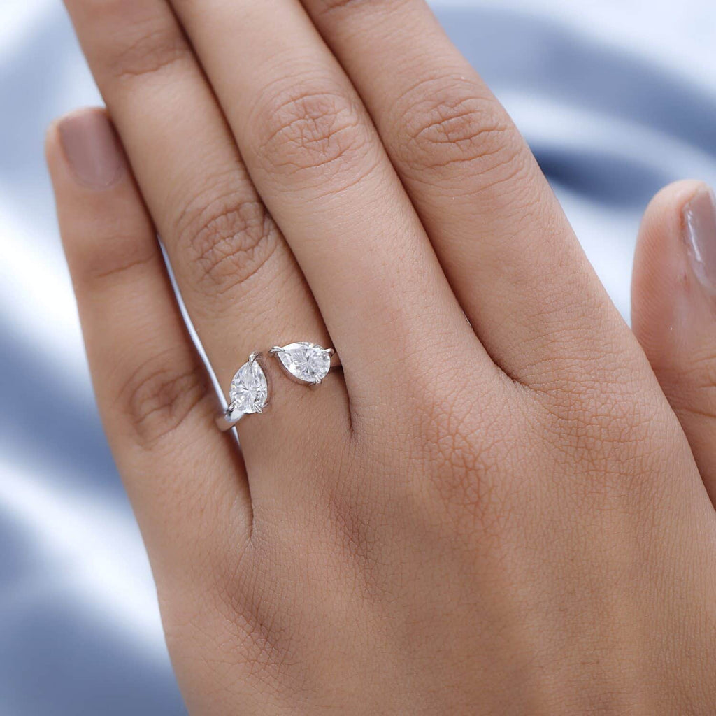 Moissanite Pear 10K White Gold Bypass Openable Tear Drop Ring Size 8 Ct 1.15 D850