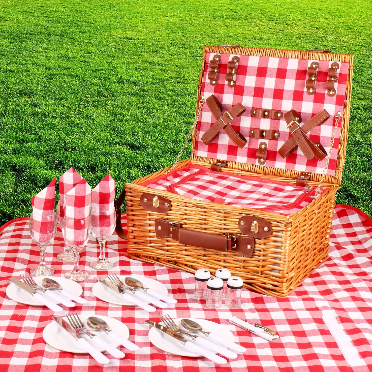 29 Pcs Picnic Set with Waterproof Blanket and Insulated Cooler Compartment V66259