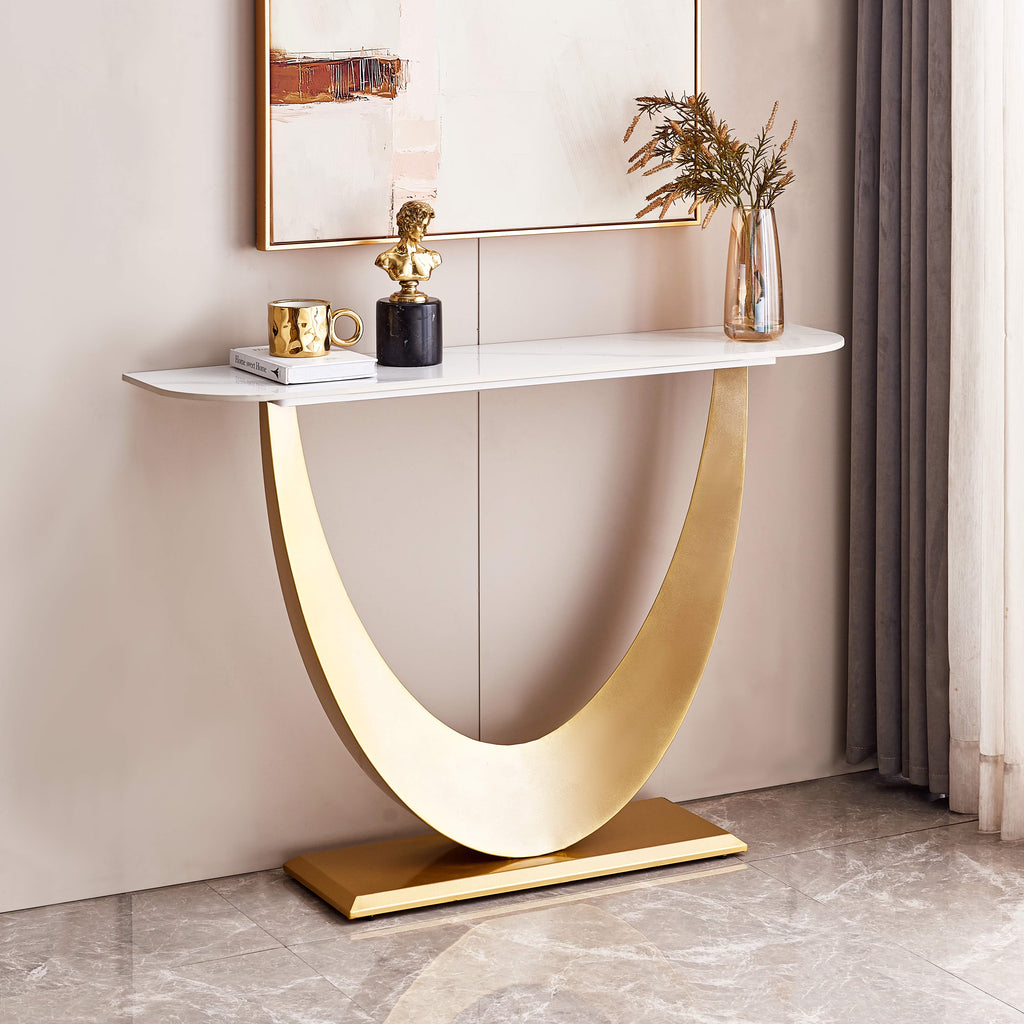 White & Gold Console Table with Marbling Top and Metal Base O5522